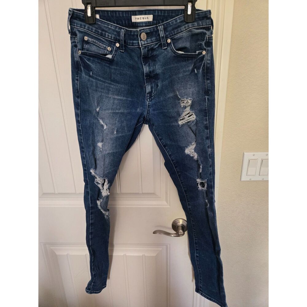 PacSun Men’s 32x32 Skinny Jeans Blue Distressed Ripped Stretch Denim
